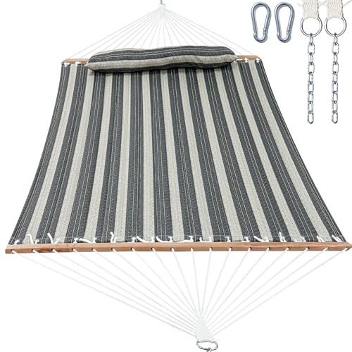 GAFETE Hammock 2 Person Quilted Fabric Hammocks for Outside, Double 12ft Hammocks with Spreader Bar, Large Removable Pillow, Storage Bag, Carabiners, Max 475 lbs Capacity (Mountain Mist Gray) - color: Mountain Mist Gray