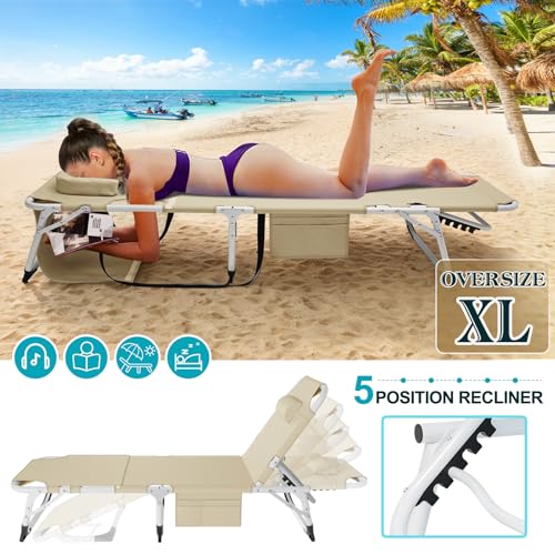 ABORON Heavy Duty Tanning Chair, Outdoor 5-Position Folding Chaise Lounge Chair with Pad, Portable Beach Lounge Chair for Outdoor Sunbathing Patio Pool Lawn Deck Poolside - color: Pearl Gray, style: Lounge Chair