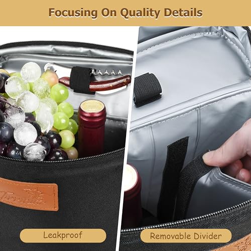 Tirrinia 2 Bottle Wine Gift Tote Carrier - Leakproof & Insulated with Large Pockets Wine Cooler Bag for Travel, Tasting, Party, Dinner - color: Black, size: 2 Bottle-with front pocket
