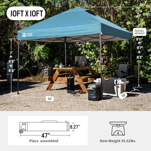 CROWN SHADES 10x10 Pop Up Canopy Tent - Patented Center Lock One Push Instant Outdoor Canopy Beach Tent with STO-N-Go Bag 8 Stakes & 4 Sand Bags，Cyan Blue - style: Cyan Blue