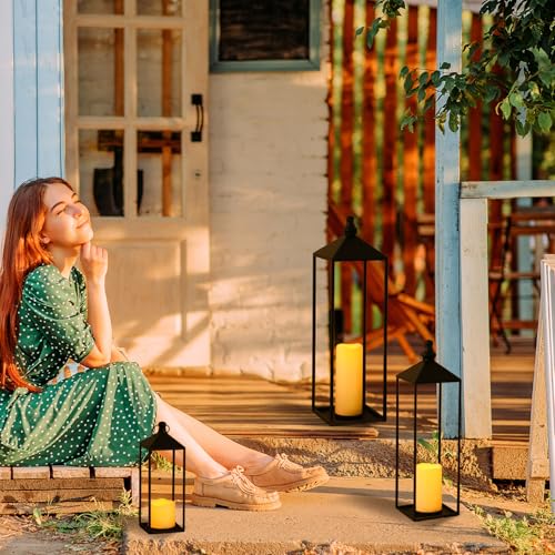 LED Lanterns Decorative Indoor&Outdoor, 23’’ 19’’ 13’’ Large Black Candle Lanterns Set with 3 Flameless Candles, Metal Holders for Porch, Patio, Garden, Home, Fireplace, Decorations Decor - color: 23‘’ + 19‘’ + 13‘’ / Timer