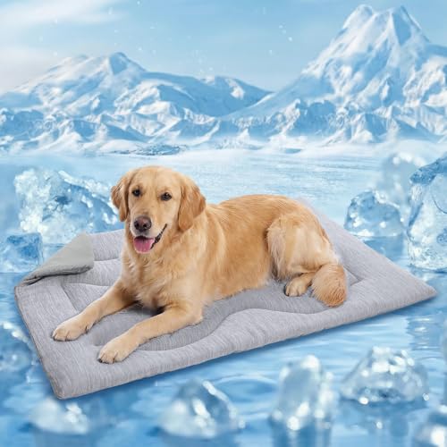 Queenmore Large Dog Cooling Mat for Dog, Portable Flat Pet Bed for Dogs and Cats, Non-Slip Summer Pet Sleeping Mat, Machine Washable, Dogs Cooling Pad Indoor (Grey Wave, XLarge(43" x 31")) - color: Grey Wave, size: X-Large