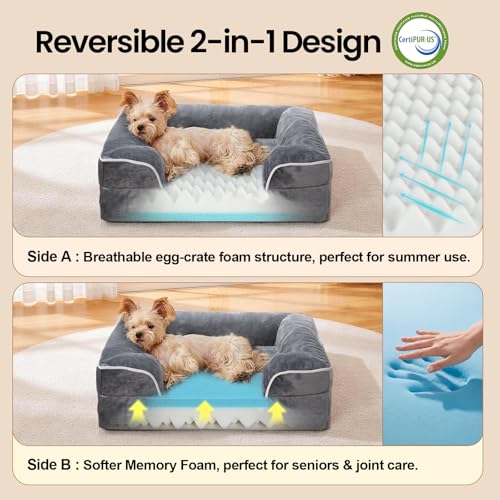 OhGeni Orthopedic Dog Bed Couch Cat Sofa for Small Sized Pets with Memory Foam, Machine-Washable Waterproof Removable Cover, Soft Comfortable Fabric, 22-inch (Gray) - color: 01-Gray, size: 22"x17"x6"