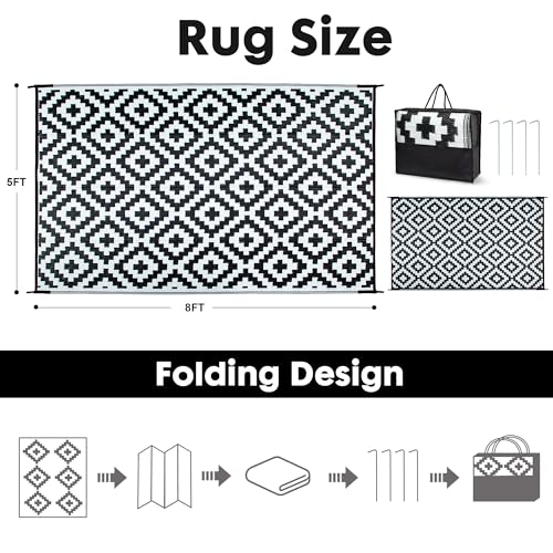 HERMOCE Waterproof Outdoor Rug 5x8 ft, Plastic Straw Patio Rugs Reversible, Patio Decor for Deck, Backyard, RV, Camping - Easy Clean Fade Resistant, Black & White - color: Black&white-s