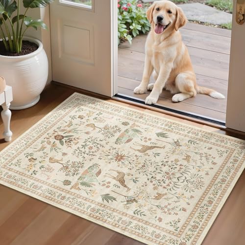 Beige Rug Door Mat Indoor Entrance, 2x3 Rug Washable Boho Floral Botanical Animal Small Area Rug, Non-Slip Low Pile Throw Rugs for Kitchen Front Door Indoor Entrance Entry, Laundry, Bathroom - color: B#pink (Animal), size: 2' x 3' (Rectangular)