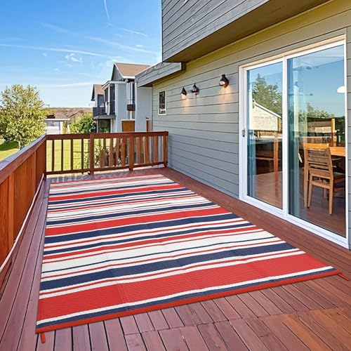 GarveeHome Modern Geometric Lines 9x12 Colorful Reversible Plastic Straw Outdoor Large Rug Non Shedding Stain Portable Outside Carpet for Trailer Backyard Balcony Camping Pool Rv,Red Navy White - color: Geometric Stripes| Red Navy White, size: 9' x 12' (R