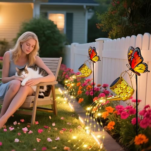 Solar Lights Garden Decor, Waterproof Solar Watering Can with Butterfly Garden Stakes, Outdoor Light with Cascading Lights for Outside Patio Lawn Porch, Birthday Gift for Women - color: Butterfly 1 Pack