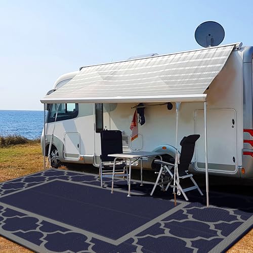 GENIMO 10 ' x 14 ' Outdoor Rug Waterproof for Patio Decor, Foldable Reversible Plastic Straw Area Rugs Mat for Camper, Outside Carpet for Rv, Deck, Porch, Picnic, Beach, Balcony, Blue & Grey - color: Blue & Grey, size: 10' x 14' (Rectangular)