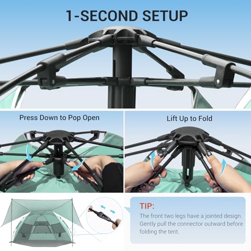 Elegear CumbreX™ Beach Tent with 360° Removable Canopy, 4-6 Person Pop Up Sun Shade Shelter, UPF 50+ Automated Installation Double Silver Coating Portable Lightweight Beach Cabana for Outdoor - Green - color: Green