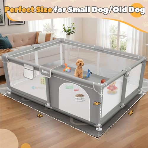 71x59x26 Inches Puppy Playpen with Gate, Dog Playpen for Puppies or Small Dogs, Sturdy Safety Dog Fence Pet Playpen with Thickened Fabric, High-Strength Nylon Wire Mesh for Indoor & Outdoor,Washable - color: Light Grey-Extra Large