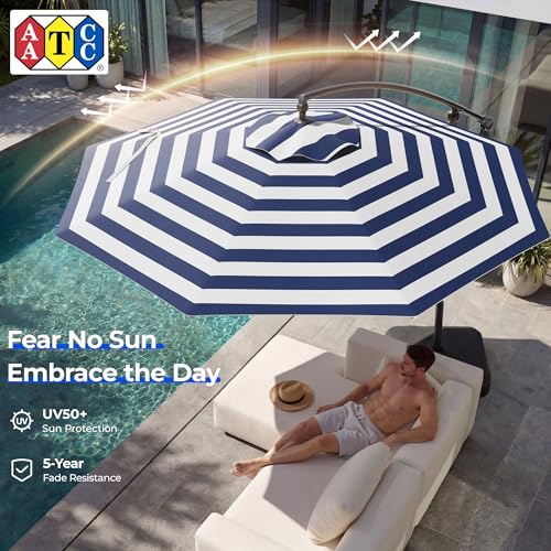 HOMSHADE 10ft Offset Patio Umbrella wIth Base, Cantilever Offset Hanging Patio Outdoor Market Umbrella UPF50+ UV Protection with Easy Tilt and Crank for Pool Deck and Garden(Navy Blue Stripes) - color: Navy Blue Stripes