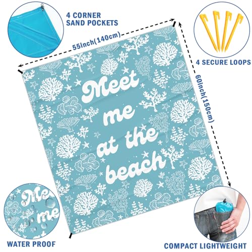 Meet Me at The Beach Pocket Picnic Blankets, Blue Ocean Coastal Outdoor Beach Camping Blanket Waterproof Sandproof, Sea Coral Grass Mini RV Picnic Mat for Camper Campsite Travel 55x60in - color: Coral