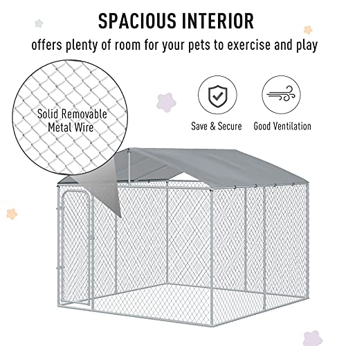 PawHut Outdoor Dog Kennel, Heavy Duty Dog Run Outdoor Fence with Waterproof Cover, Galvanized Chain Link, Secure Lock, 9.8' x 9.8' x 7.7' - size: 118.0"L x 118.0"W x 92.3"H