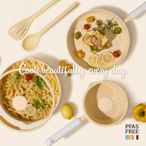 CAROTE Ceramic Cookware Set Nonstick, 9pcs Pots and Pans Set Non stick, Non-Toxic & PFAS-Free,Dishwasher, RV/Camping Cookware Set,Sauce Pan with Lid, Yellow - color: Yellow, size: Saucepan