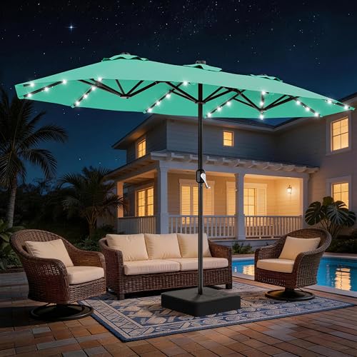 AreShark 13 FT Patio Umbrella with Solar Lights, Double-Sided Outdoor Table Umbrellas with Crank, Large Rectangular Market Umbrella for Porch, Lawn, Pool, Backyard, Cerulean - color: Cerulean, size: 6.5x13 Ft