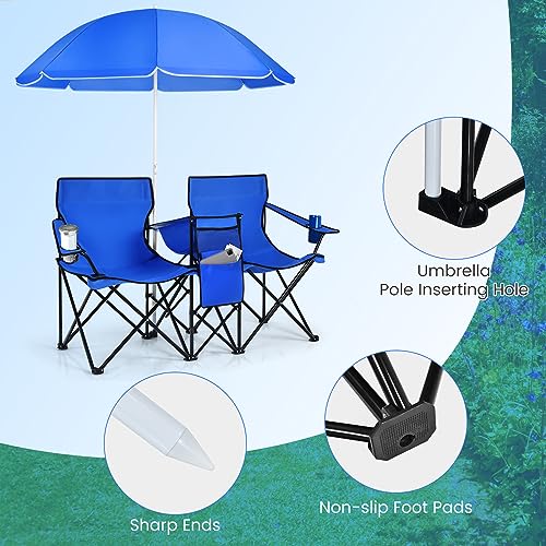 Double Camping Chair, 2-Person Portable Beach Chair w/Removable Umbrella, Cup Holders & Carrying Bag, Folding Loveseat Chairs for Adults Outdoor Picnic (Blue) - color: Blue