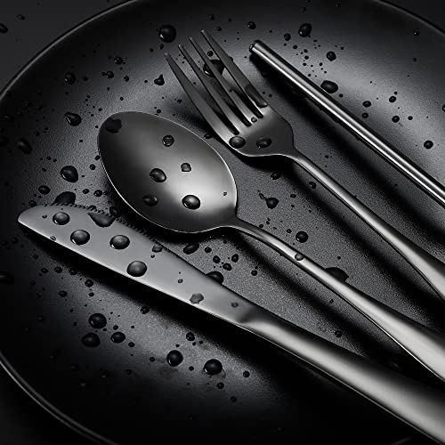 Boulder Bee | Travel Utensils Set | Reusable Camping Cutlery Set | Stainless Steel Flatware Set | Portable Silverware Set with Case | Includes Knife/Fork/Spoon/Straw/Cleaning Cloth/Case (Black) - color: Black