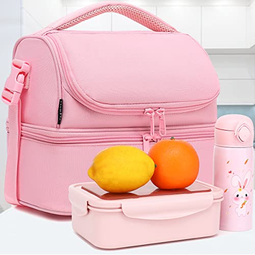 FlowFly Double Decker Cooler Insulated Lunch Bag Large Tote for Boys, Girls, Men, Women, With Adjustable Strap,Pink - color: Pink#All