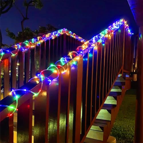 YEGUO Solar Rope Lights Outdoor Waterproof, 66ft 200 LED Multicolor String Lights, 8 Modes Fairy Lights in Clear Thin Tube - color: Multicolor