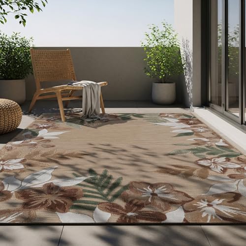 Outdoor Rug 5x7 Washable Area Rugs Indoor Outdoor Carpets Beige Border Floral Non Shedding Waterproof Easy Clean Patio Deck Porch Living Room Bedroom Garden RV (5 X 7 Beige) - color: 1-beige, size: 5' x 7' (Rectangular)