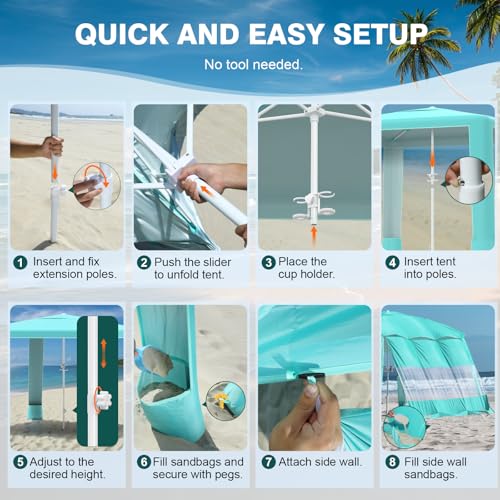 Rhino Valley Beach Cabana, 8 * 8FT Beach Tent UPF50+ Protection, Easy Setup Beach Canopy Wind Resistant with Cup Holder, Compact Beach Shade Foldable Beach Tent Sun Shelter, Turquoise Green - color: Turquoise Green