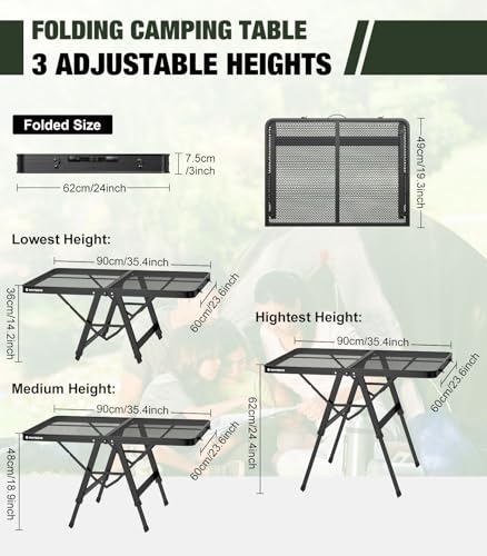 Raynesys Foldable Grill Table with Mesh Desktop, 200lbs 3Ft Portable Folding Table, Height Adjustable Metal Table for Ourdoor, Camping, Picnic, BBQ and Beach, RV, 35.4" L x 23.6" W - size: L(3ft-35.4"x23.6"x14.2"/18.9"/24.4")