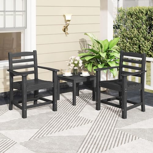 Tangkula Patio Dining Chairs Set of 2, HDPE All Weather Outdoor Chair w/Wide Armrests, Curved Seat, Wood Grain, Plastic Porch Chair for Backyard, Garden, Front Porch, Poolside (Black, 2 Chairs) - color: Black, size: 2 Chairs
