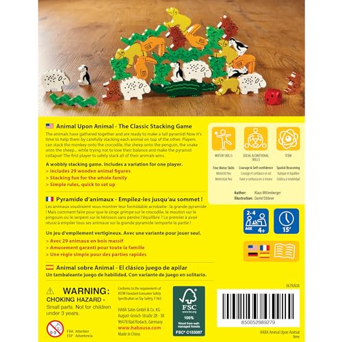 HABA Animal Upon Animal Game - Classic Wooden Tower Stack Game for Kids and Adults, STEM & Dexterity Party Activity for Ages 4+, Compact On the Go Edition