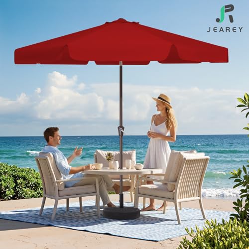 JEAREY 9 FT Patio Umbrella Outdoor, Table Umbrellas Market Umbrella w/Push Button Tilt/Crank, 8 Sturdy Ribs(Red) - color: Red