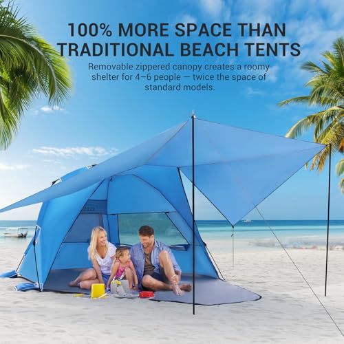 Elegear CumbreX™ Beach Tent with 360° Removable Canopy, 4-6 Person Pop Up Sun Shade Shelter, UPF 50+ Automated Installation Double Silver Coating Portable Lightweight Beach Cabana for Beach/Outdoor - color: Blue