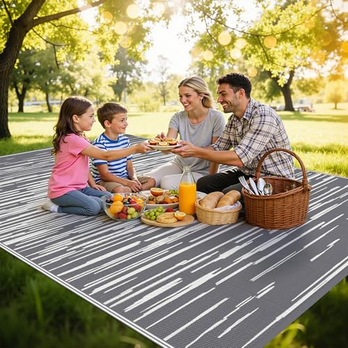 HEBE Outdoor Rug 8'x10' for Patios Clearance, Waterproof Reversible Plastic Straw Rug Camping Mat, Indoor Outdoor Area Rugs Carpet for Deck, Porch, RV, Picnic, Balcony - color: Stripe/Grey, size: 8' x 10' (Rectangular)
