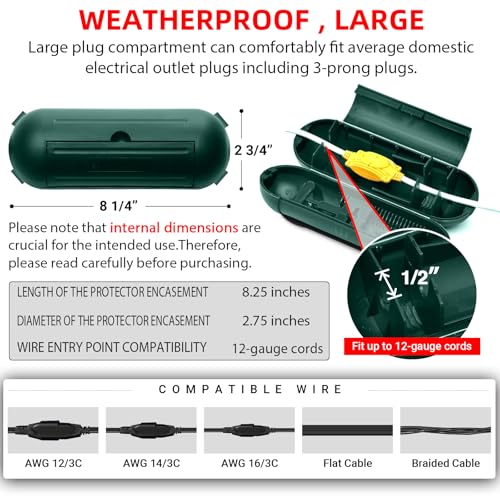 (4-Pack) Large Outdoor Extension Cord Plug Protector with Latches, Capsule Shaped Protector with Large Compartment for AWG12/14/16 Cords, Water-Resistant Holder for String Lights and Wires (Green) - color: Green, size: Large (with 4 Latches)