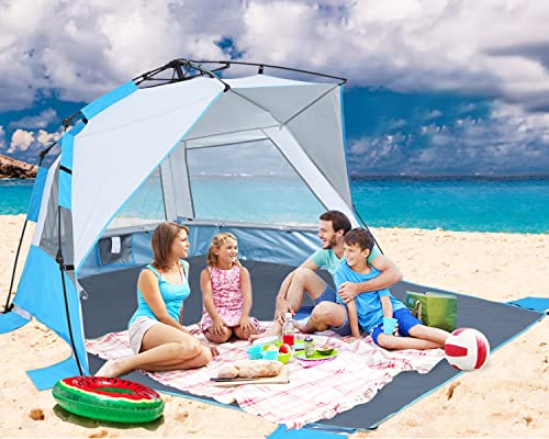 Beach Tent Instant Pop up Sun Shade Shelter for 4-6 Person with UV Protection，Extended Floor，3 Mesh Roll Up Windows with Carry Bag, Sandbags, Stakes(Sky Blue)
