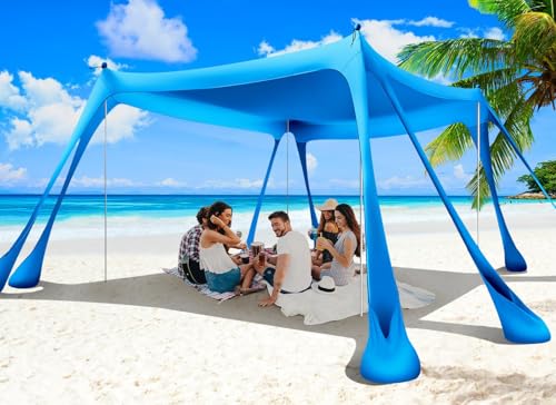Beach Tent Sun Shelter 10x10ft Beach Canopy Easy Pop Up Sun Shade Portable UPF50+ with 8 Sandbags-2 Sand Shovel-4 Aluminum Poles-Ground Pegs for Outdoor Family Camping Fishing Backyard Picnic - color: Royal Blue, size: 10x10 FT 4 Pole