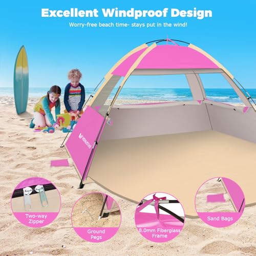 Venustas Beach Tent Sun Shelter for 3/4/6/8 Person, UPF 50+ UV Protection Beach Canopy, Lightweight and Easy Setup Cabana, Portable Shade Tent - color: Pink, size: 3 Person