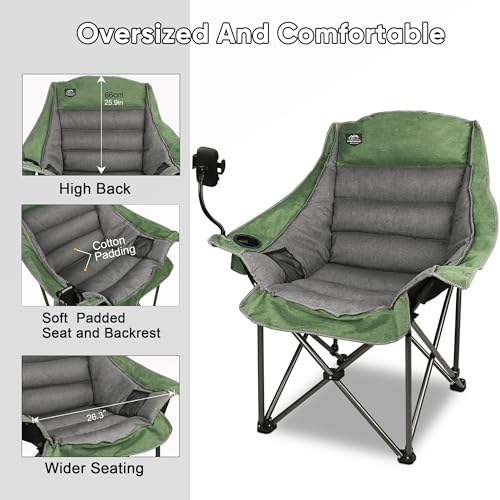 Oversized XL Folding Camping Chair,Heavy Duty Support 400Lbs,Large Comfy Padded Camp Chair for Adults,Lawn Arm Chair w/Cup Holder,Phone Holder,Carry Bag Perfect for Outdoor (Green) - color: Light Green