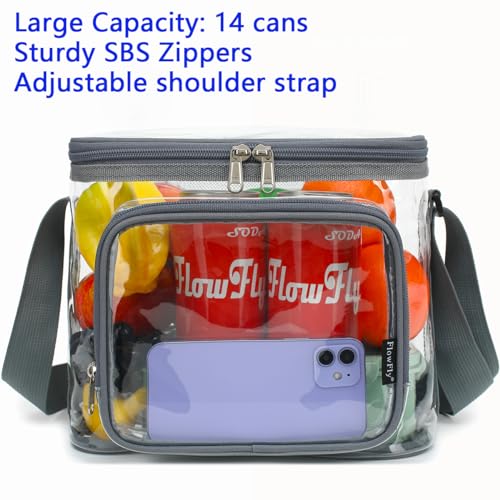FlowFly Insulated Reusable Lunch Bag Adult Large Lunch Box for Women and Men with Adjustable Shoulder Strap,Front Zipper Pocket and Dual Large Mesh Side Pockets,Clear#Grey - color: Clear#Grey