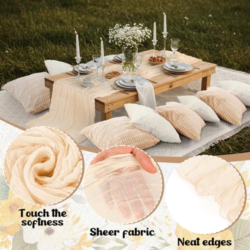 Beeveer 91 x 71 Extra Large Outdoor Boho Picnic Blanket with Beige White Table Runner, 6 Throw Pillow Covers 6 Napkins Woven Cotton Yarn Oversize Beach Blanket Washable Picnic Camp Wedding - color: Beige White