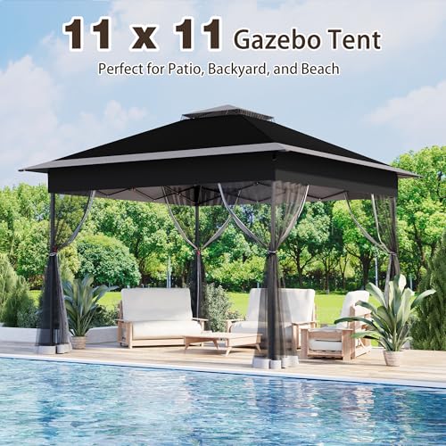 Bezseller 11x11 Pop Up Gazebo with Mosquito Netting – Easy 1-Person Setup, Water-Resistant Backyard Canopy for Family Patio & Garden Use, Black - color: Black, size: 11"x11"