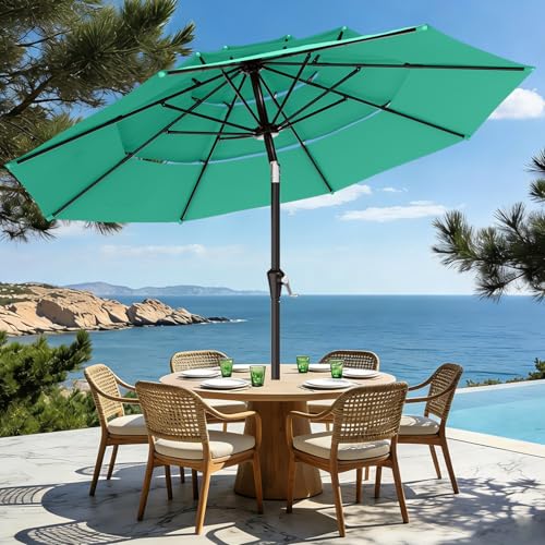 AreShark 9ft 3-Tier Patio Umbrellas, Outdoor Umbrella with 8 Sturdy Ribs UV Protection Windproof, Market Table Umbrella w/Push Button Tilt & Crank for Pool, Porch, Deck, Garden(Turquoise) - color: Turquoise