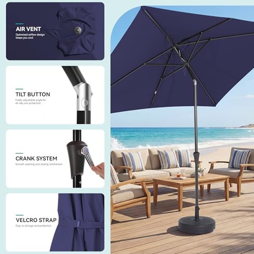 Rectangular Patio Umbrella, 6.5 x 10 ft Rectangle Table Umbrellas w/Heavy Duty Ribs, Effortless Crank and Push Button Tilt, Wind Resistant Sun Umbrella for Outdoor Patio, Navy Blue - color: Navy Blue