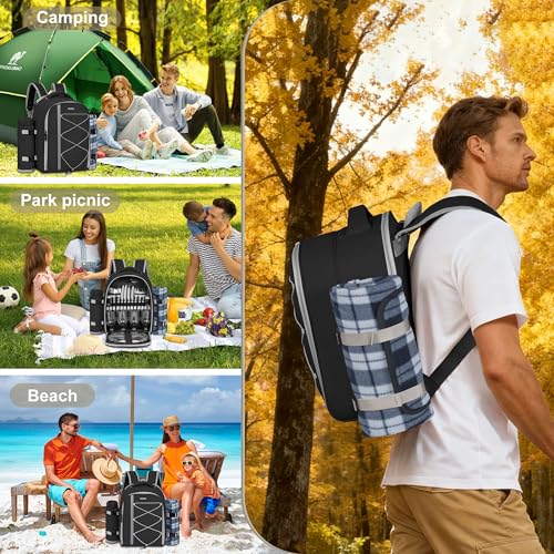 Picnic Backpack for 4 Persons with Insulated Leakproof Cooler Compartment, Cutlery Sets, Wine Holder, Fleece Blanket, Wedding Gifts for Couples, Perfect for Beach, Camping, Hiking, Black - color: Black