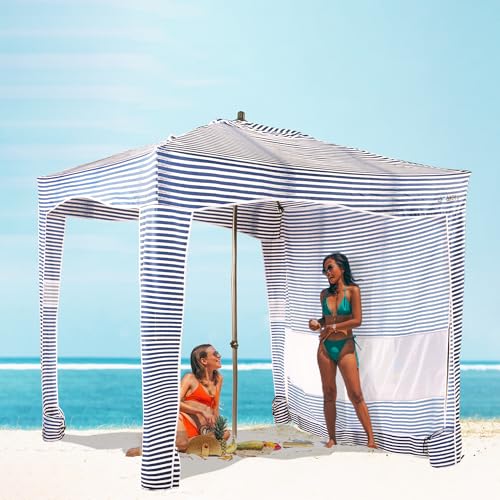 UPWELL Beach Tent Easy Set Up Canopy Sun Shelter Shade with UPF 50+UV Protection Portable Beach Umbrella Outdoor Sunwall with Sand Pockets for Fishing Backyard Camping(Tropical Ocean) - color: Navy Blue