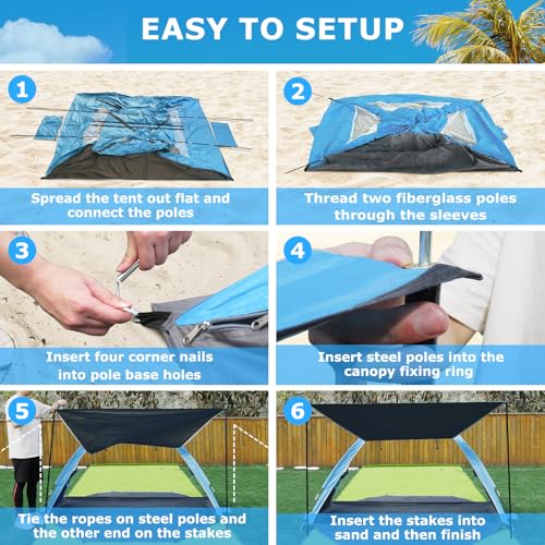 Gorich Beach Tent with Canopy - Easy Setup 3-4/5-6/7-8 Person Portable Sun Shelter, UPF 50+ UV Protection Sun Shade, Lightweight & Compact Beach Cabana for Family Travel - color: Dark Shelter-Skyblue, size: 6-8 Person