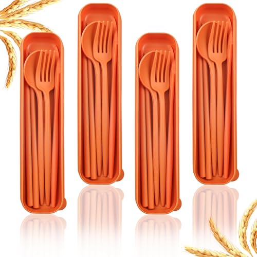 4 Sets Reusable Utensils With Case, Camping Cutlery Travel Silverware for Work, Lunch Picnic Daily Use Outdoor (Orange) - color: Orange