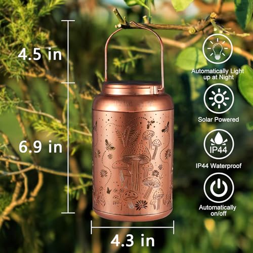 Solar Lanterns Outdoor Waterproof Bee Mushroom Decoration Gifts for Women Mon Grandma Hanging Solar Lights for Outside Metal LED Lanterns for Yard, Patio, Garden Decor - style: Mushroom