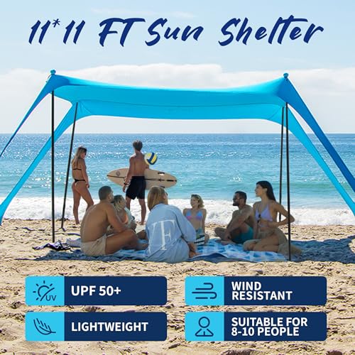 AMMSUN Beach Tent Sun Shelter, 11x11 FT Beach Canopy Tent Sun Shade with 4 Sand Anchor & Sand Bags | UPF 50+ Protection | 4 Thickened Poles | Windproof & Lightweight for Camping, Sky Blue - color: Sky Blue, size: 11x11 FT (4 Pole)