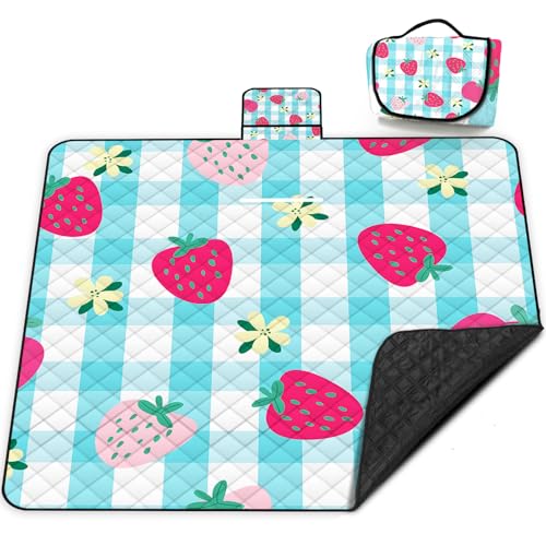 Extra Large Picnic Blanket Waterproof,80"x 80"Foldable Machine Washable Beach Blankets,Outdoor Blanket for 6-8 Adults,Picnic Mat Suitable for Indoor Crawling,Park Beach,Camping,Hiking,Travel (Blue） - color: Blue Strawberry, size: 6'8" x 6'8" (Square)