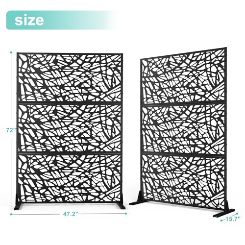 Modern Metal Privacy Screen, Patio Outdoor Privacy Panels with Stand, Freestanding Outdoor Divider for Yard, Deck＆Garden(71.3"*47.3"*15.7") - color: Black,Leaf Vein