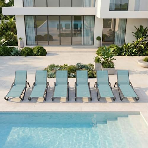 Patio Chaise Lounge Chairs Set of 6, All-Weather Aluminum Pool Loungers for Outside, 5-Position Adjustable Sunbathing Chairs for Tanning, Stackable for Backyard, Poolside, Sky Blue - color: Sky Blue, size: Set of 6